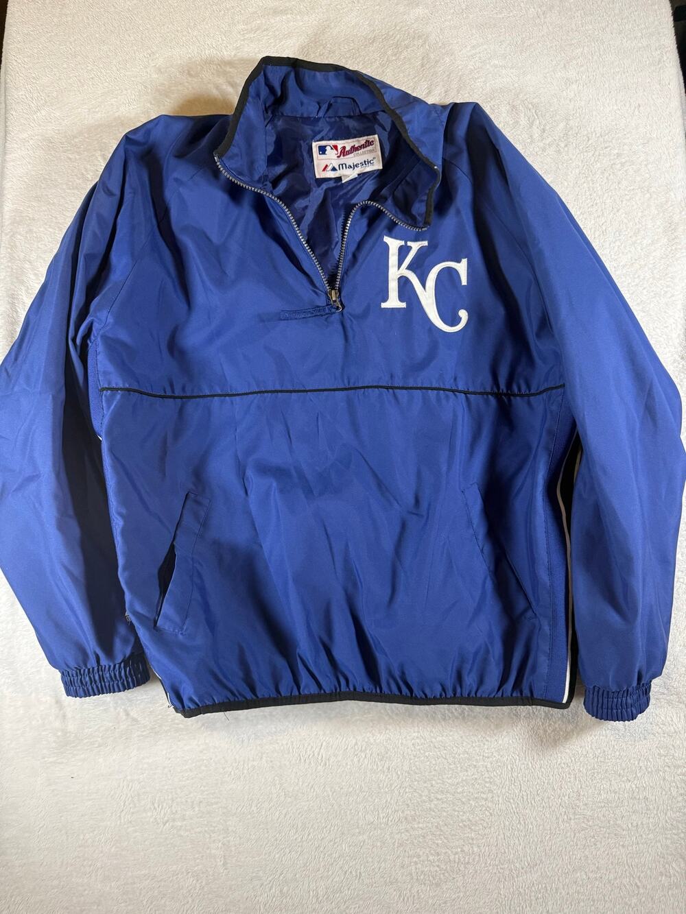 Kansas City Royals Majestic Authentic MLB 1/4 Zip Windbreaker Menโs Large Blue